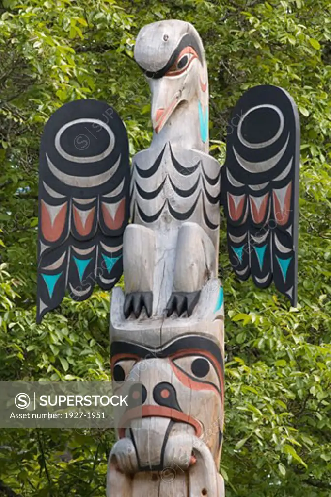Totem Pole detail showing Thunderbird Butchart Gardens  Victoria  Canada