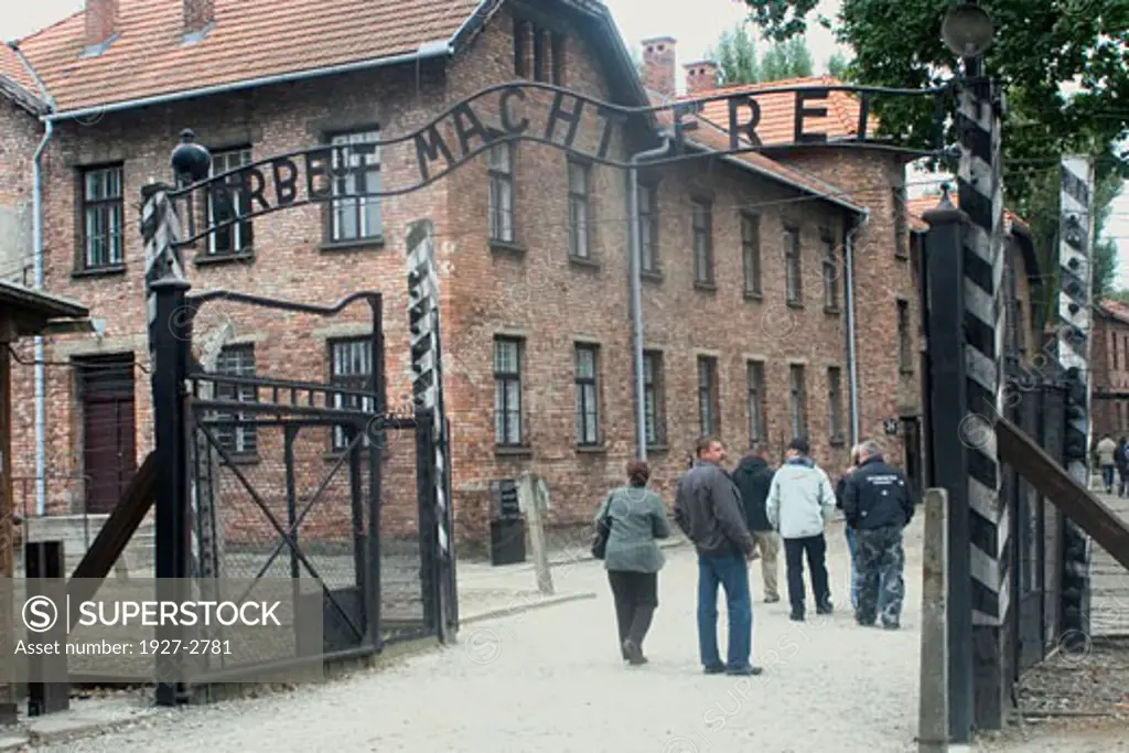 Main entrance to Auschwitz Death Camp with the cynical inspription Arbeit macht frei Work brings freedom Auschwitz Poland