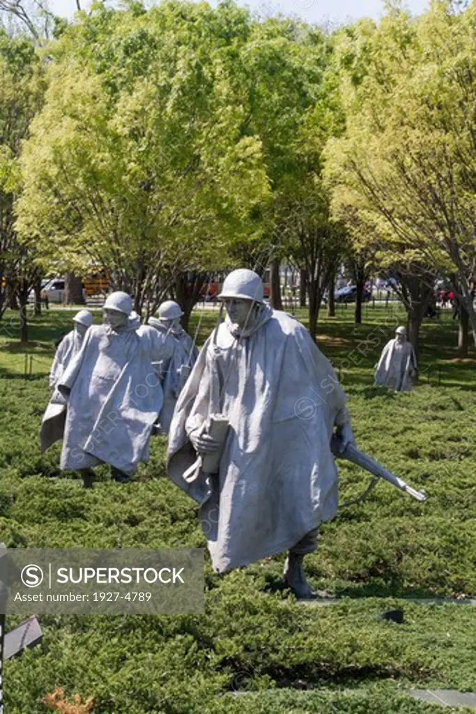 Some of the 19 stainless steel statues at the Korean War Veterans Memorial showing a platoon on patrol.Mall,Washington,D.C.