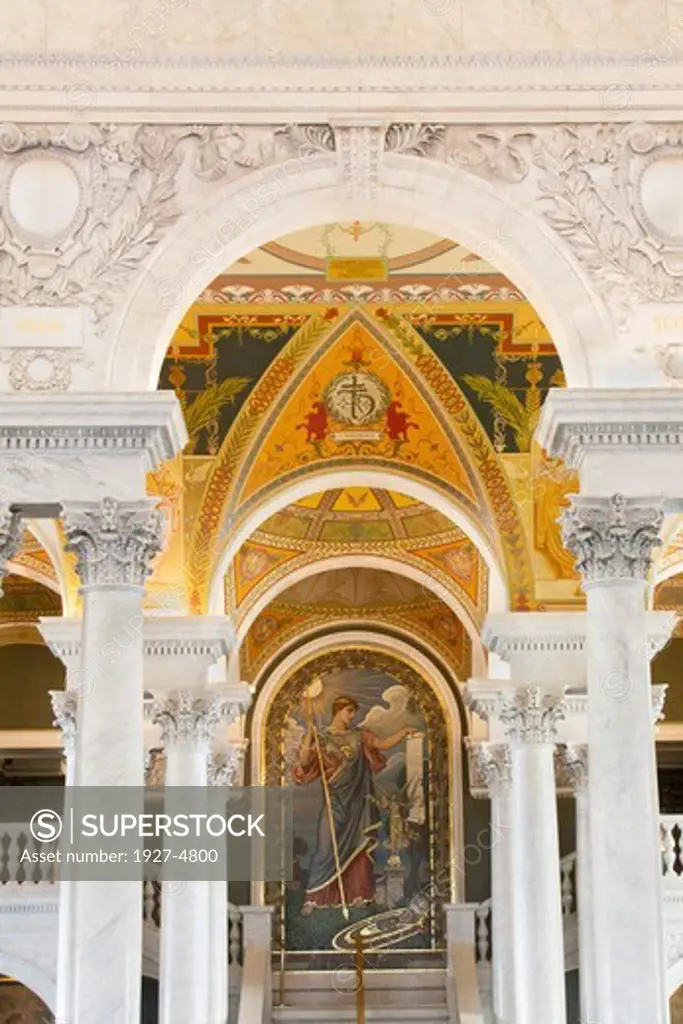 Great Hall of the Library of Congress with marble columns;arches,painting and mosaics including a moasic of Minerva.Washington D.C.
