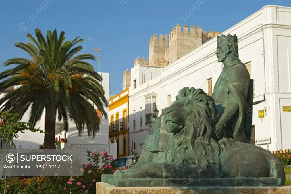 Tarifa Cadiz Province Costa de la Luz Spain Statue of Sancho IV El Bravo Castle of Guzman El Bueno background
