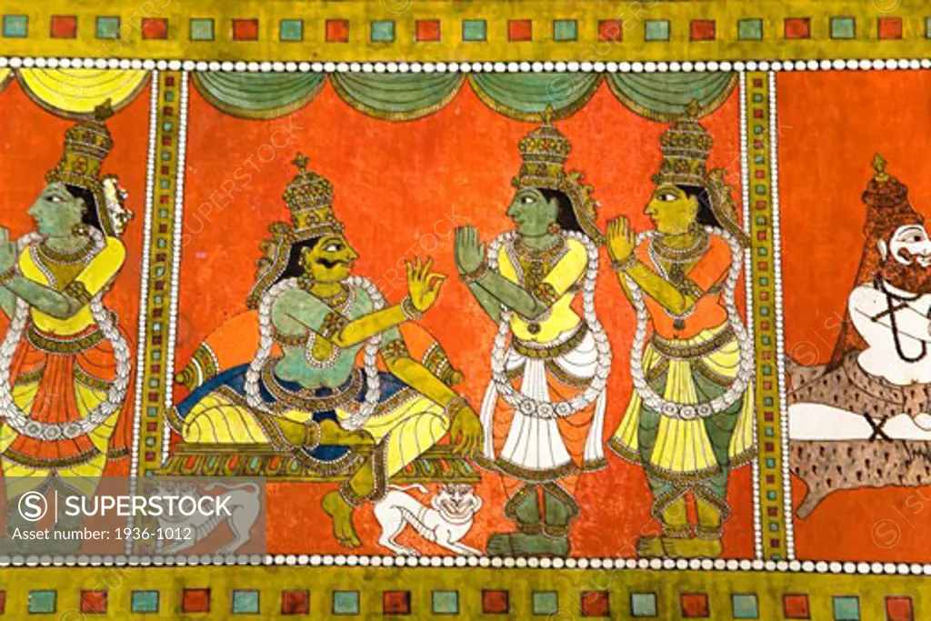 Colourful painting on a wall  Meenakshi Temple  Madurai  Tamil Nadu  India