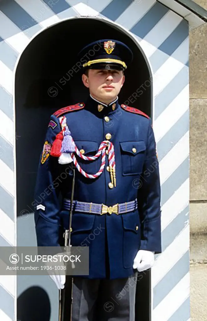 Soldier standing guard in sentry box Prague Castle Prazsky Hrad Prague Czech Republic