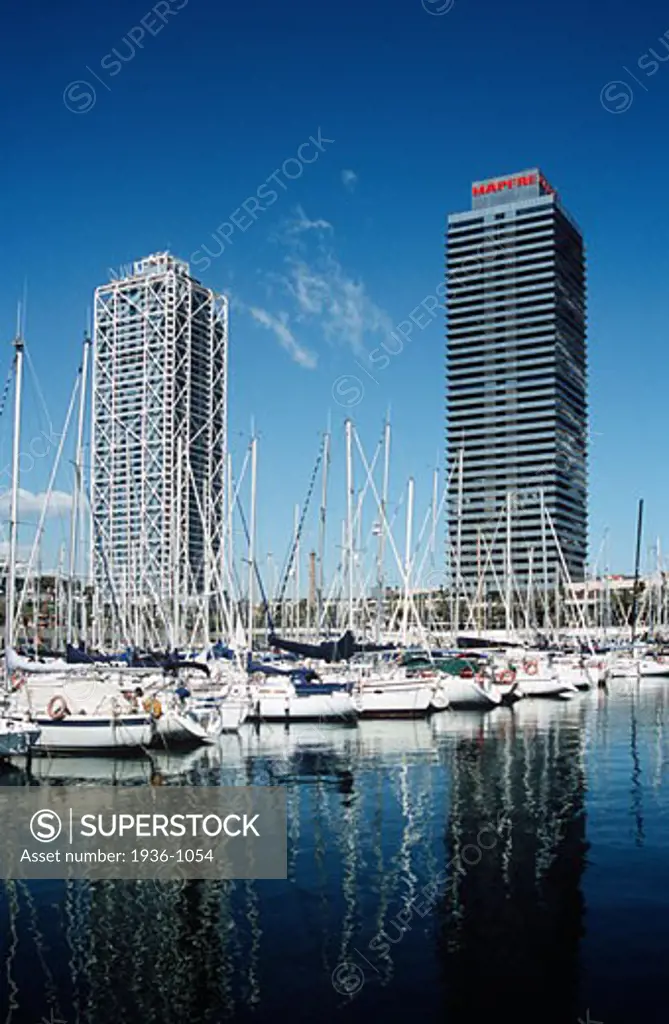 Yachts in marina Hotel Arts and Torre Mapfre Port Olimpic Barcelona Spain