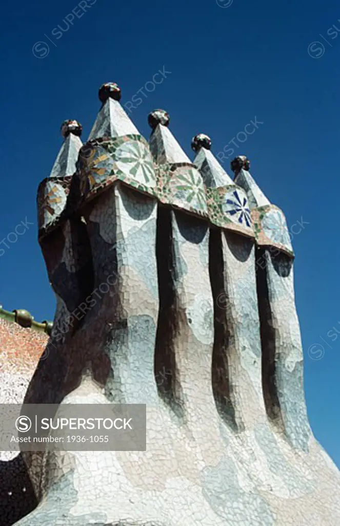 Casa Batllo Passeig de Gracia Barcelona Spain Ornate chimneys on roof