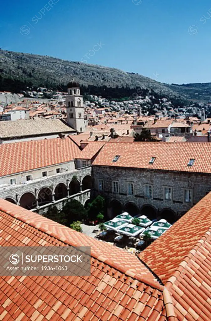 Franciscan Monastery courtyard red rooftops taken from old city walls Dubrovnik Dalmatian Coast Croatia