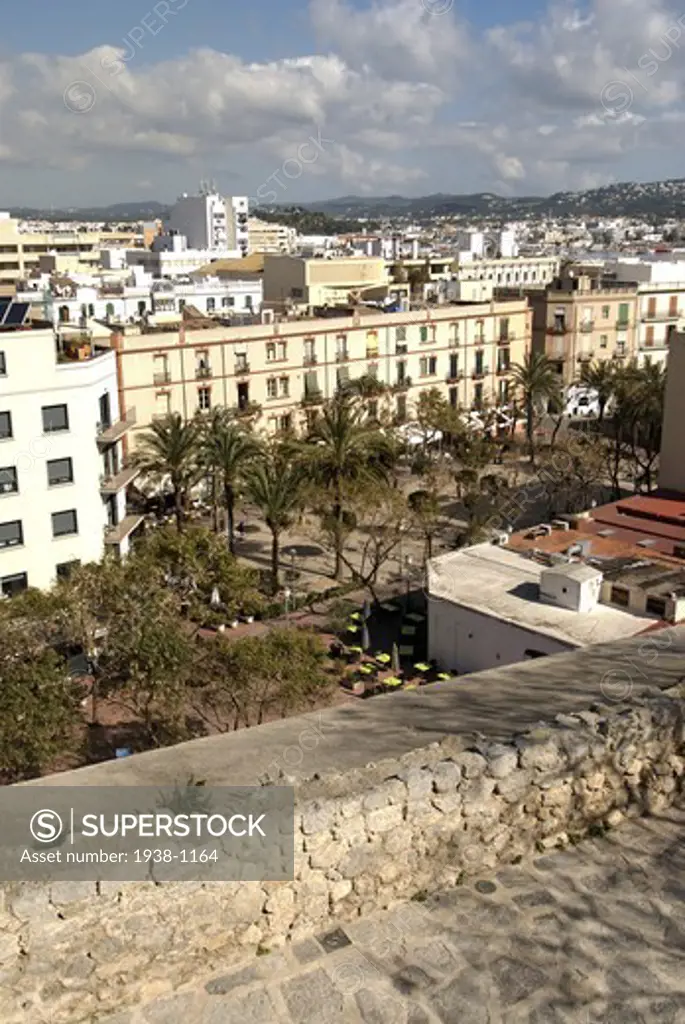 Aerial view of popular Plaza del Parque Winter scenes of Dalt Vila and La Marina area where thousands of people crowd the streets during the summer season