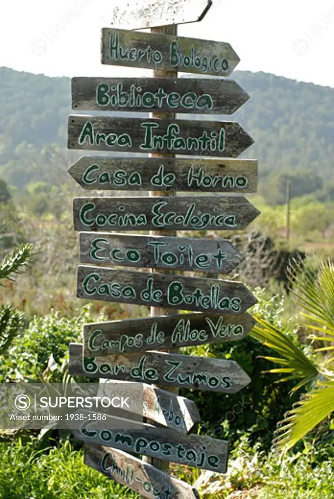 Wood indicators and signs A day at Greenheart s La Casita Verde the little green house is a rapidly evolving model ecological centre visited by around 5000 people each year Ibiza  Spain
