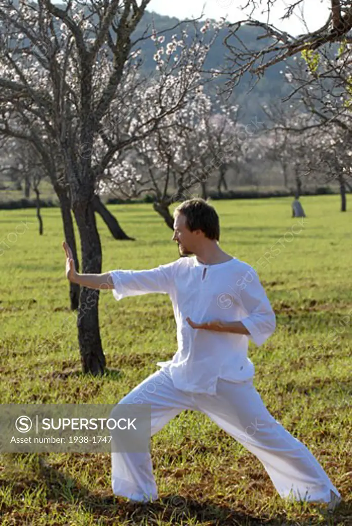 Young sweedish man practicing kung fu and tai chi in the fields of Ibiza  Spain