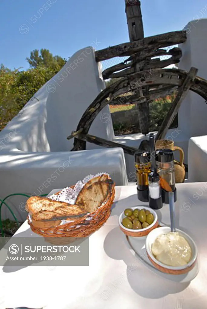 Grilled meat olives ali oli and other traditional ibizan food in popular Es Caliu restaurant Ibiza Spain