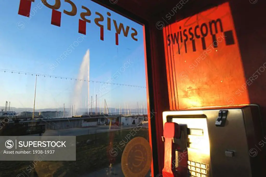 View of Jet D eau from a telephone booth of swisscom  Geneva  Switzerland