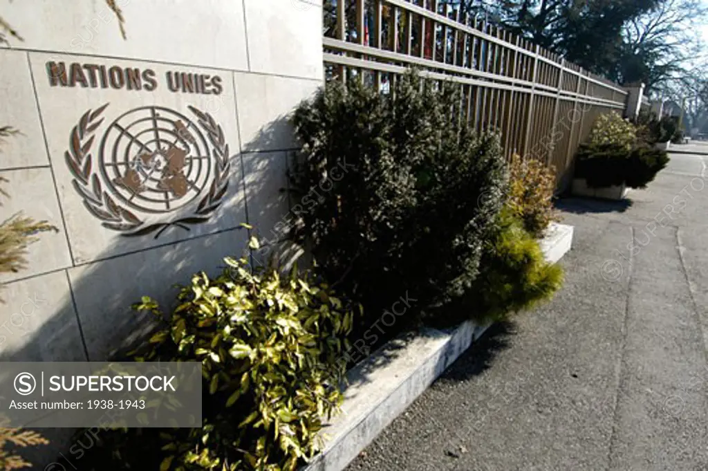 Palais des Nations  United Nations Headquarters building entrance  Geneva  Switzerland