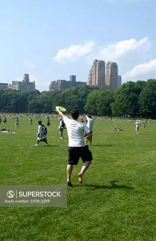 Young man playing with a frisbee in Central Park  Manhattan  New York City