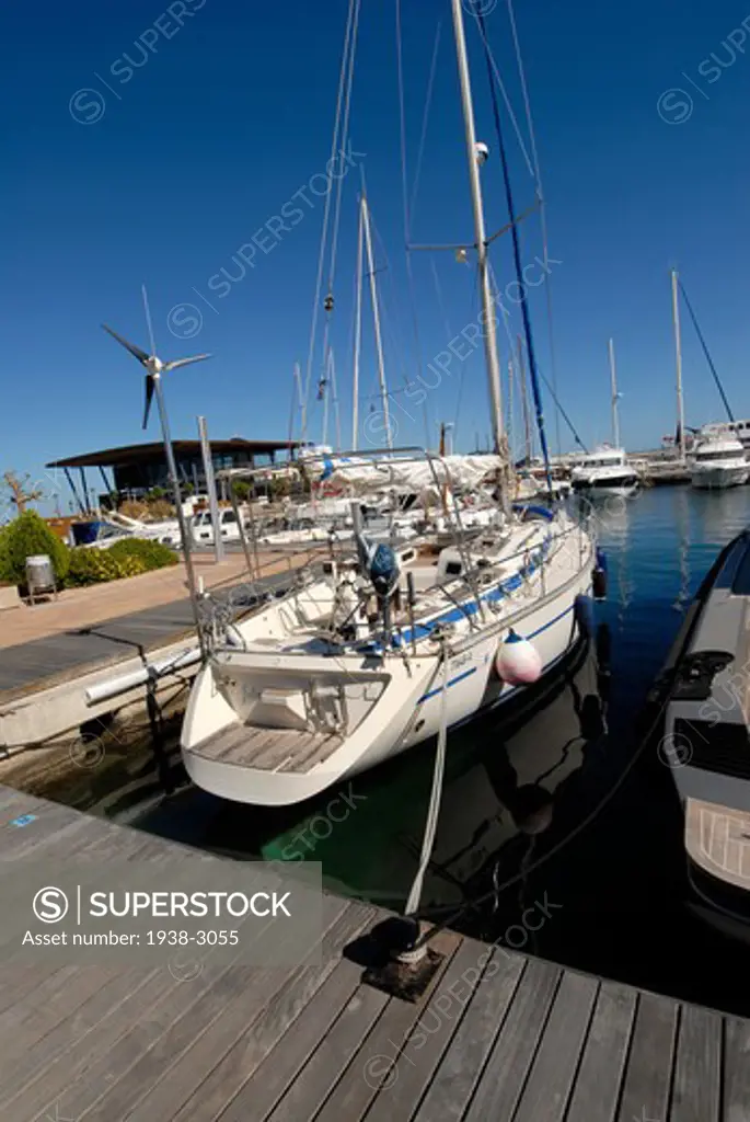 Boats at a harbor, La Savina Port, Formentera Island, Balearic Islands, Spain