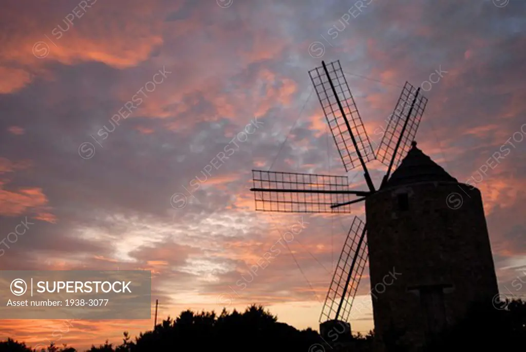 Traditional windmill at sunset, Sant Francesc Xavier, Formentera Island, Balearic Islands, Spain