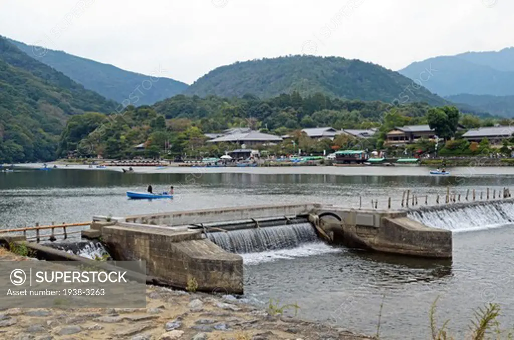 Dam on Aoei River, Arashiyama, Kyoto Prefecture, Honshu, Japan