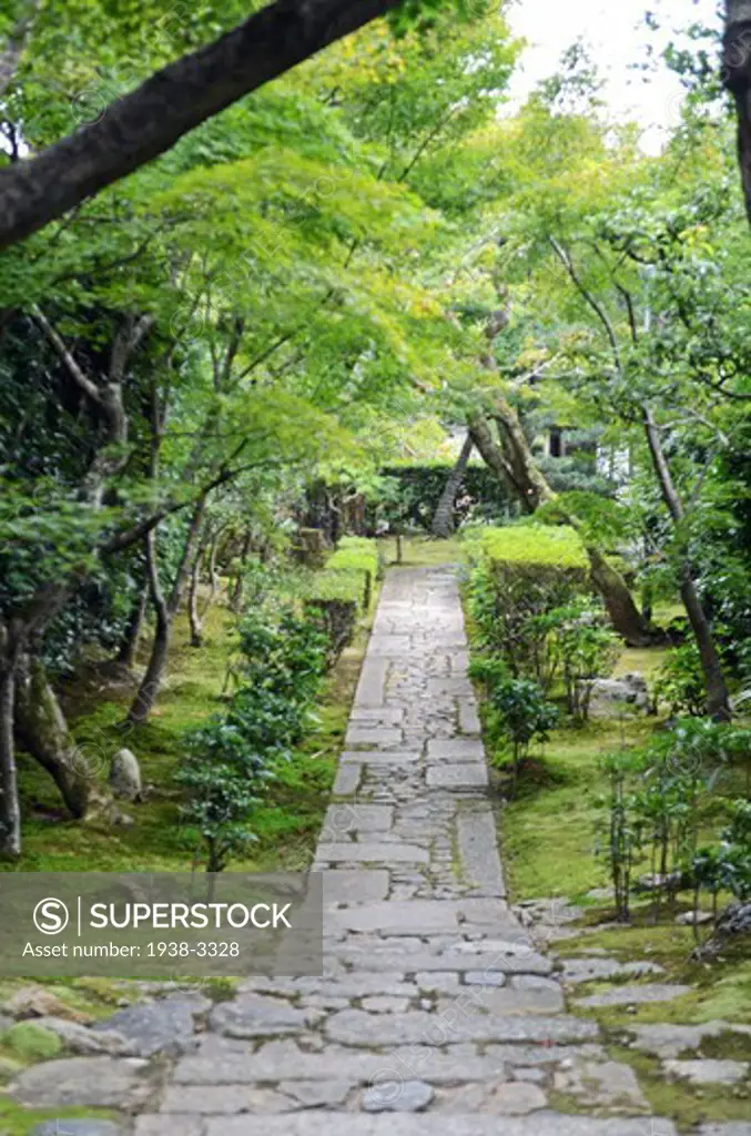 Garden path leading to a temple, Ryoanji Temple, Kyoto Prefecture, Honshu, Japan