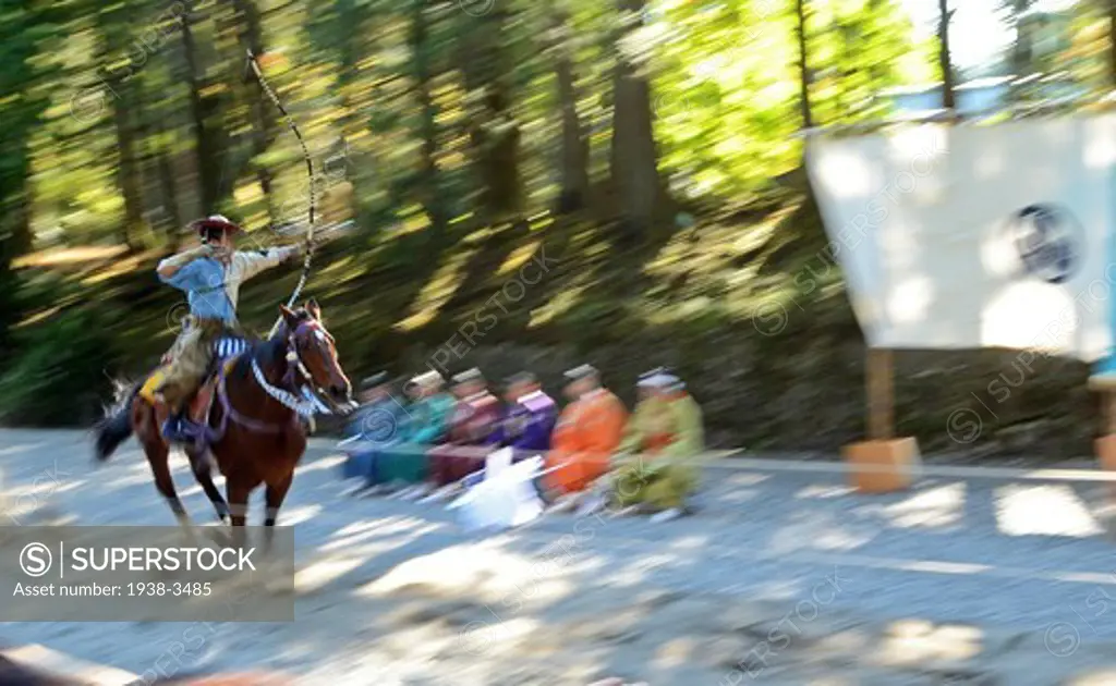 Horseback archery Yabusame competition, Toshu-gu Shrine, Nikko, Tochigi Prefecture, Kanto Region, Honshu, Japan