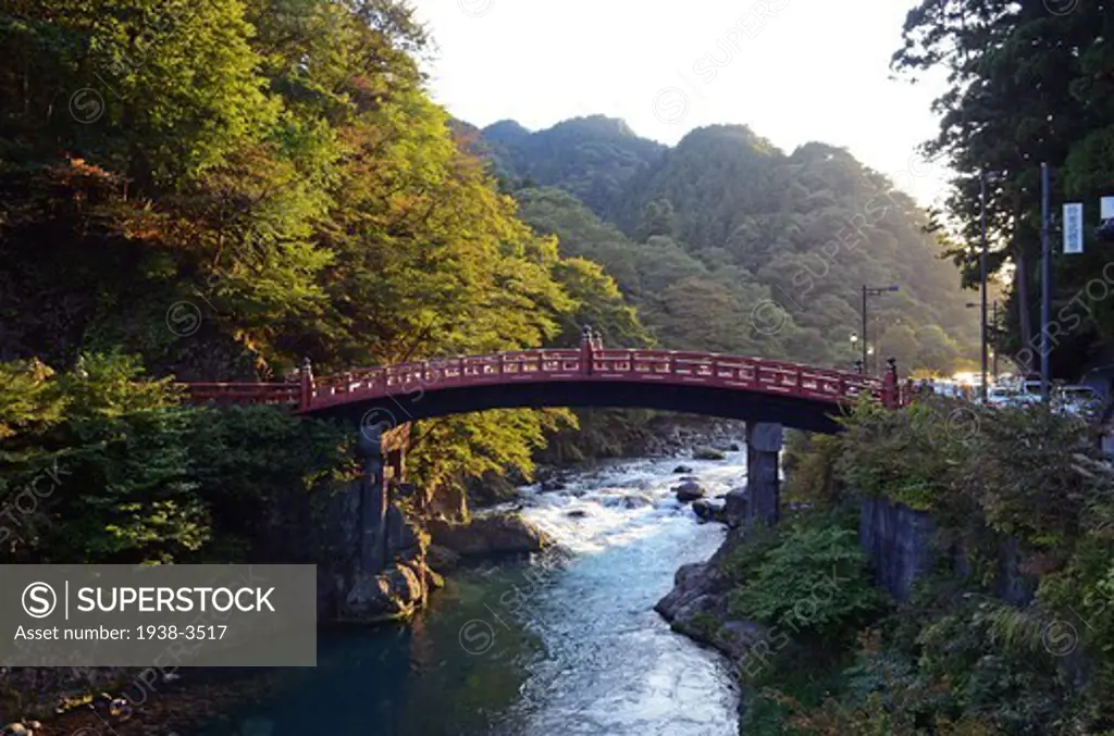 Bridge across a river, Shinkyo Bridge, Nikko, Tochigi Prefecture, Kanto Region, Honshu, Japan