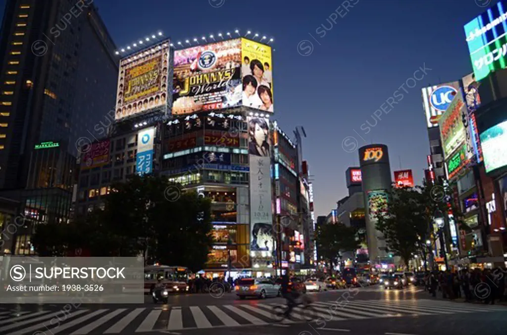 City lit up at night, Shibuya, Tokyo Prefecture, Japan