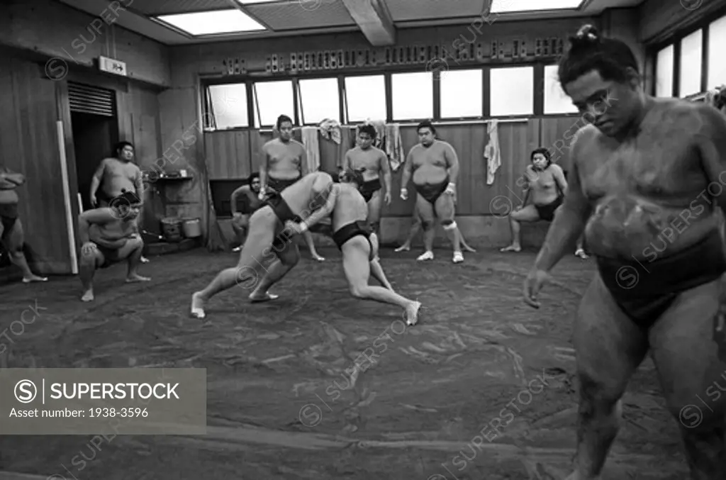 Japan, Tokyo, Ryogoku, Hard morning training at Sumo stable