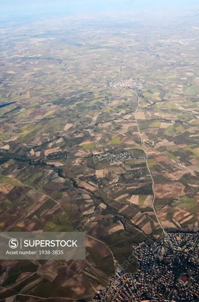 Aerial view of fields in Madrid, Spain