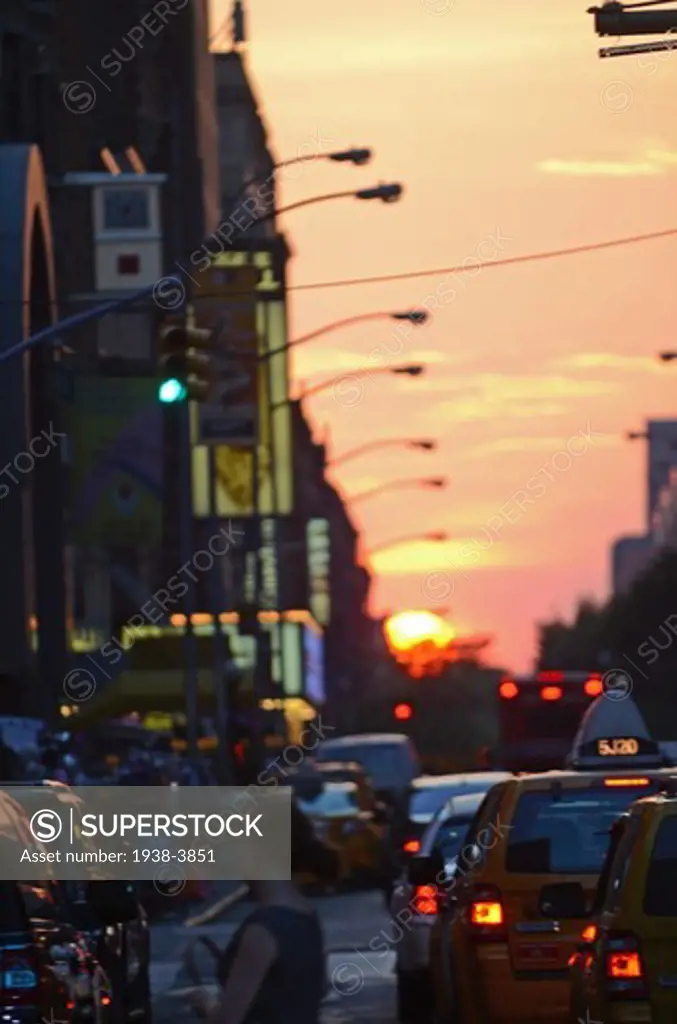 Sunset and traffic in Manhattan, New York City
