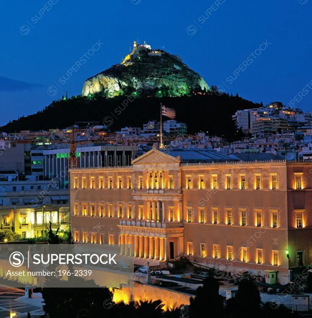 Greece, Athens, Likavitos, Greek Parliament, Parliament building at night