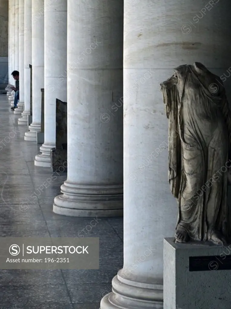 Greece, Athens, Attiki, Stoa Attalou, Columns with statues