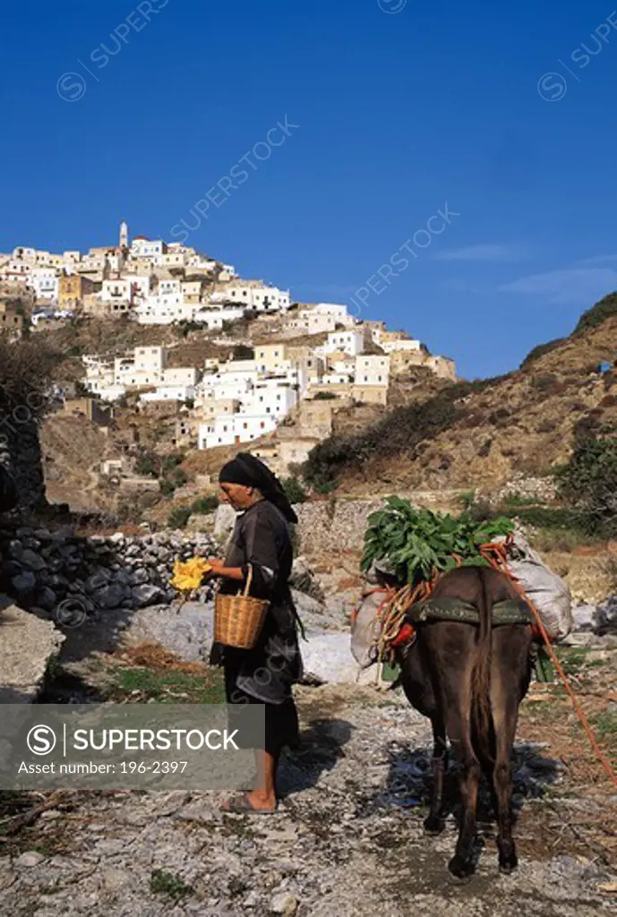 Greece, Dodecanese, Karpathos, Woman with donkey near village