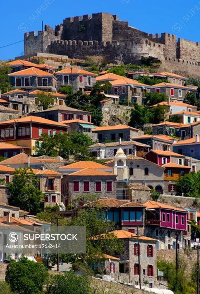 Greece, Aegean Sea, Lesvos Island, Molivos, Townscape with castle on top of hill