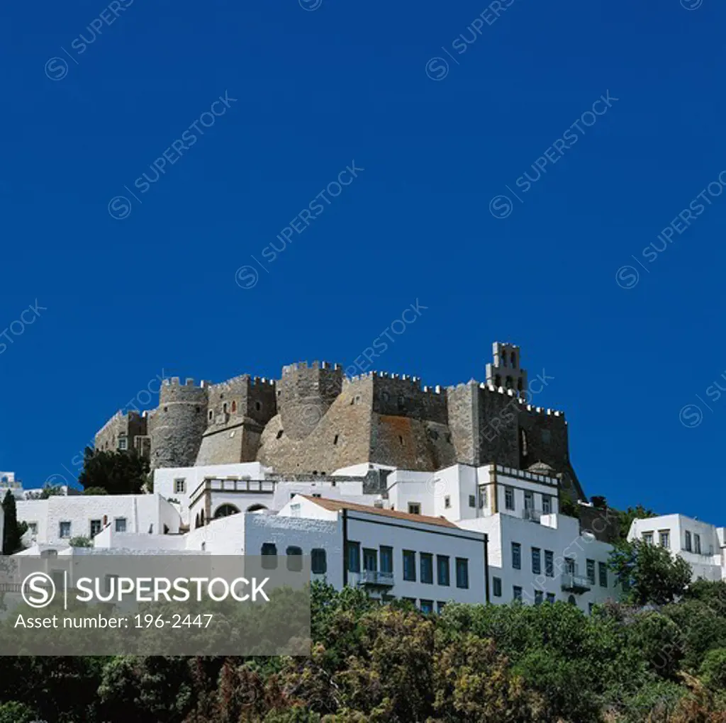 Greece, Dodecanese, Patmos Island, Village with castle