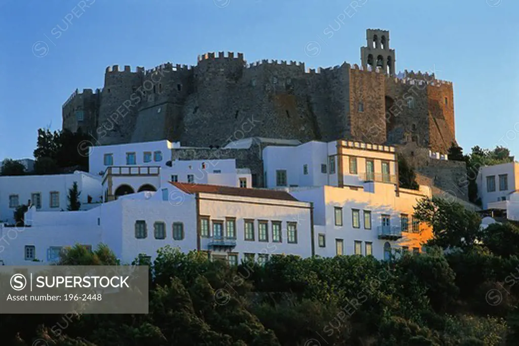 Greece, Dodecanese, Patmos Island, Village with castle
