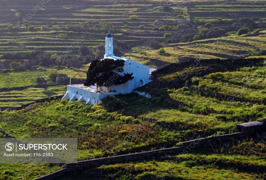 Greece, Cyclades, Tinos island, Church in fields