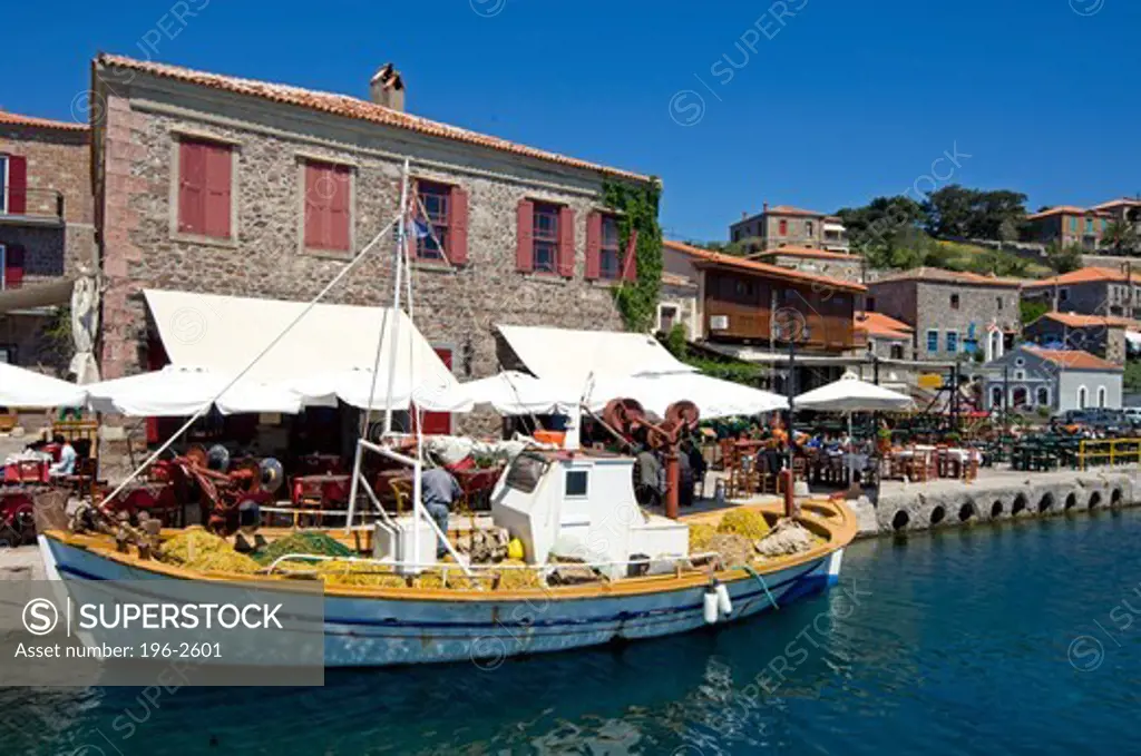 Greece, Lesvos Molivos village, Boat in harbour