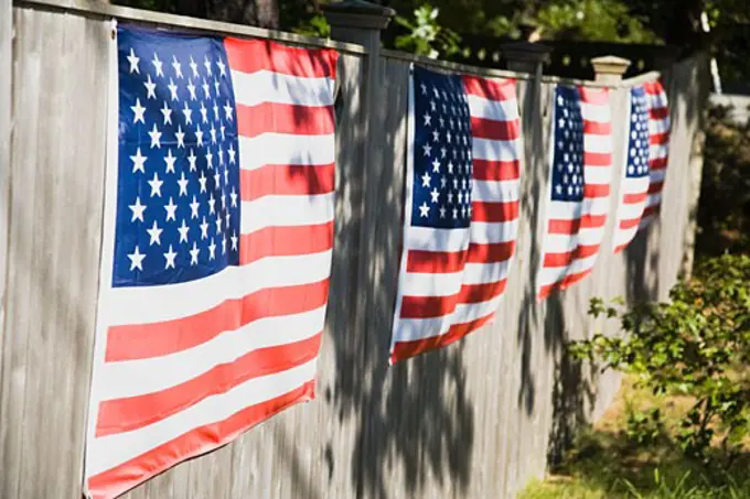 American flags hanging on a wall, Cape Cod, Massachusetts, USA