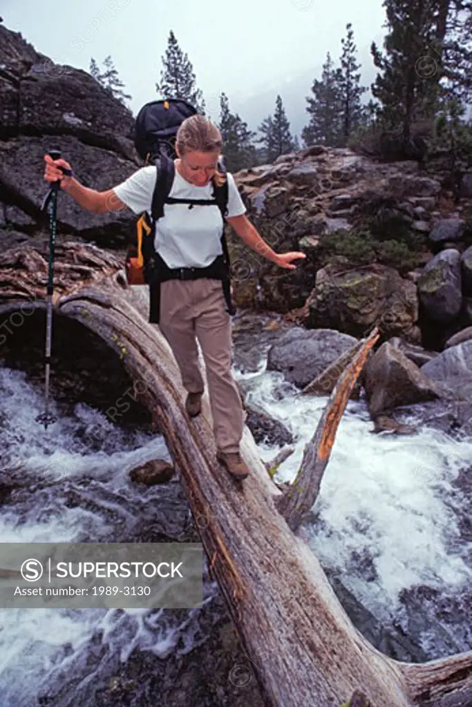 A woman crossing a log over a creek near Squaw Valley in California