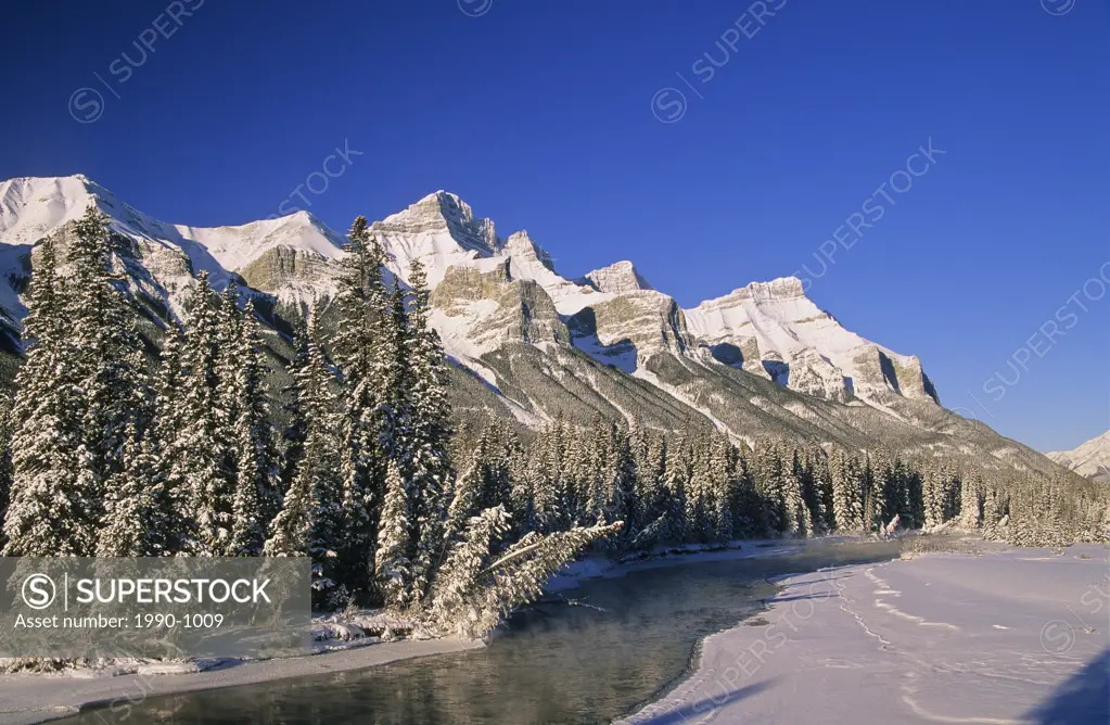 Mount Rundle and the Bow River in the Bow Valley near Canmore, Alberta, Canada