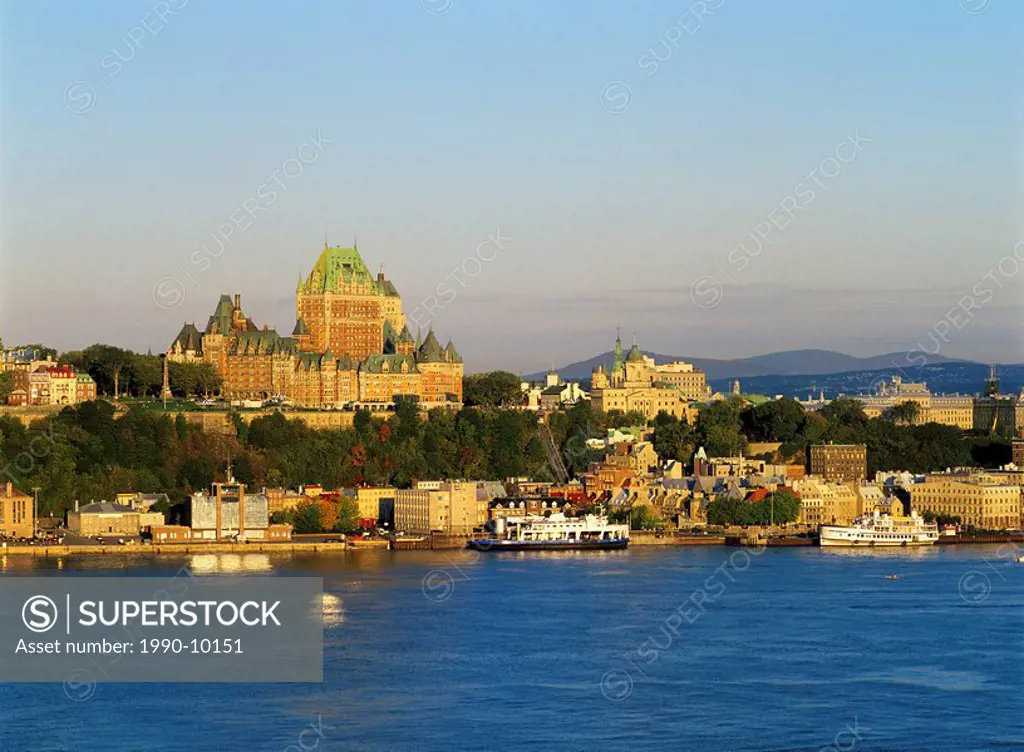 Historic Chateau Frontenac and Quebec City on the banks of the Saint Lawrence River, Quebec, Canada.