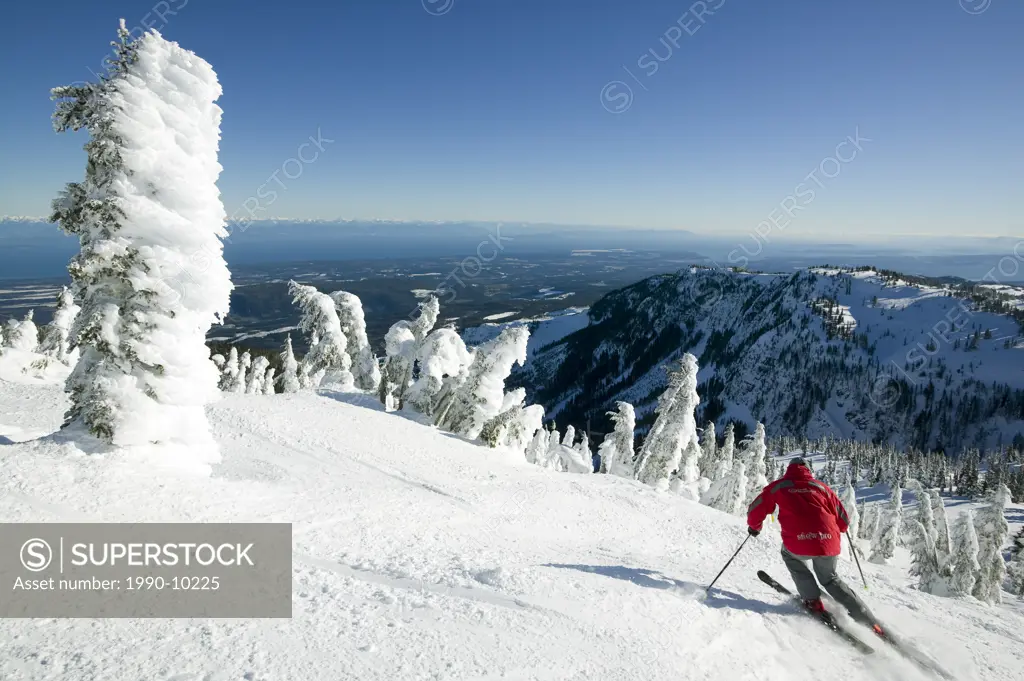 Skier at Mt. Washington overlooking the Comox Valley and Georgia Strait, Vancouver Island, British Columbia, Canada