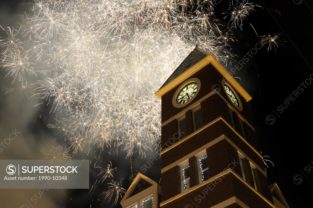 Fireworks over City Hall, Duncan, Vancouver Island, British Columbia, Canada