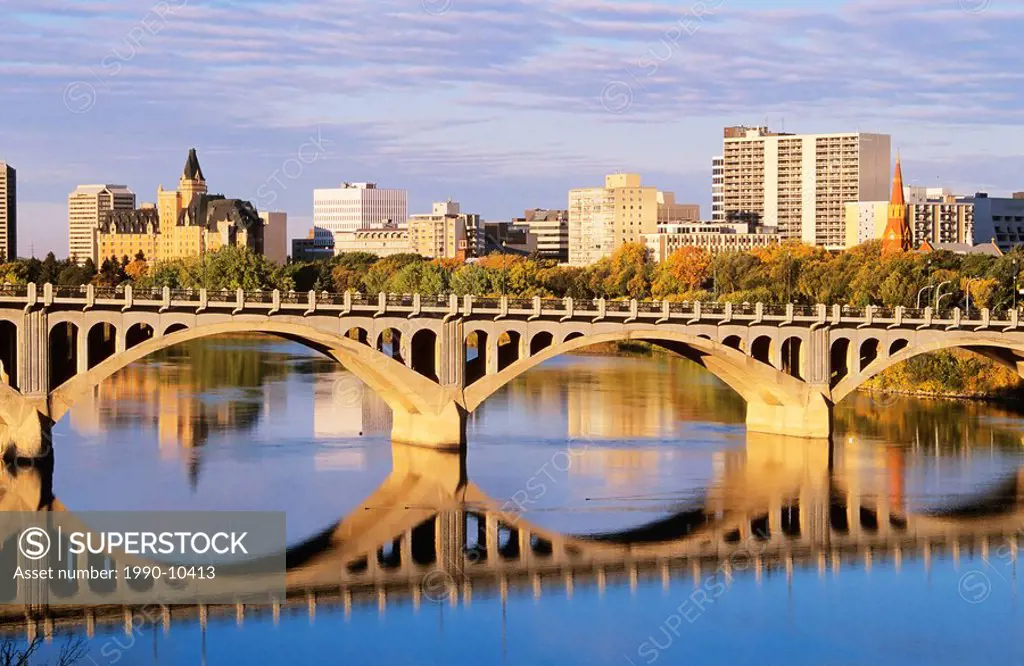 Downtown Saskatoon reflected in the South Saskatchewan River, Saskatoon, Saskatchewan, Canada