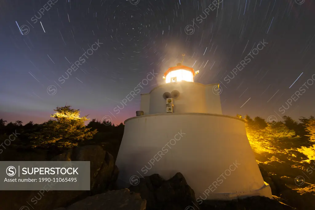 The Amphrite lighthouse in Ucluelet, photographed at night. Ucluelet, Vancouver Island, British Columbia, Canada