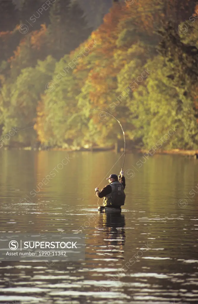 Man fly fishing in autumn, Cherry Point, Vancouver Island, British Columbia, Canada.