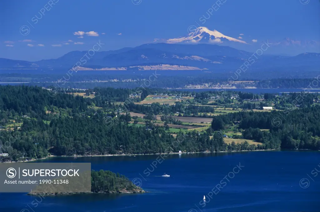View of Saanich Peninsula, Gulf Islands, and Mount Baker from Malahat Lookout, near Victoria, Vancouver Island, British Columbia, Canada.