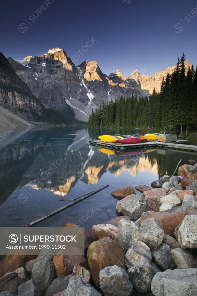 Moraine Lake with Canoes, Banff National Park, Alberta, Canada