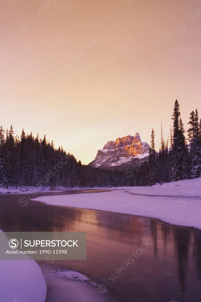 Castle Mountain and the Bow River at sunset, Banff National Park, Alberta, Canada