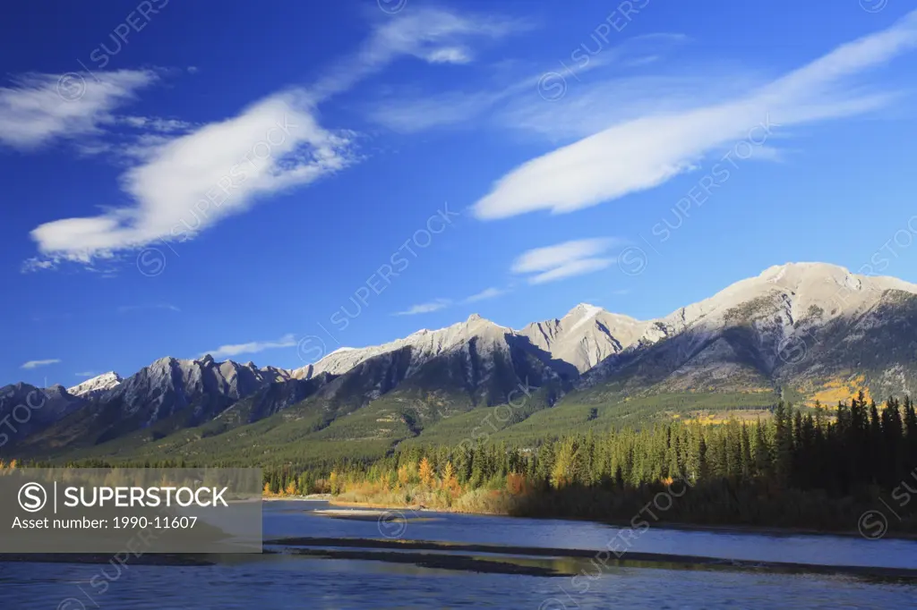 The Bow River and Bow Valley, with Mt Lady MacDonald in the background, near Canmore, Alberta, Canada in the Canadian Rocky Mountains