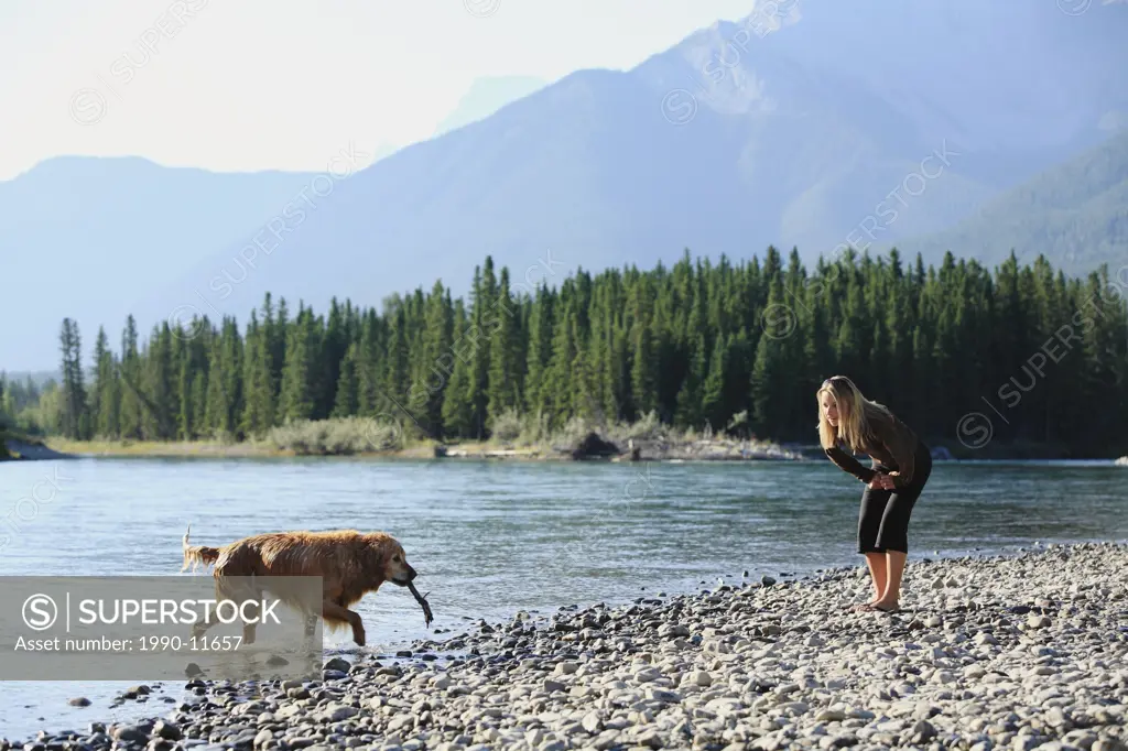 Young blonde woman playing with her golden retriever dog by the Bow River, Canmore, Alberta, Canada in the Canadian Rocky Mountains.