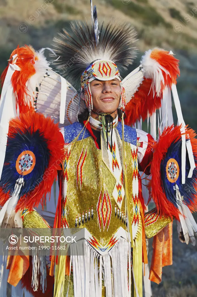 Blackfoot Blood s man in traditional mens fancy dance outfit, Fort McLeod, Lethbridge, Alberta, Canada.